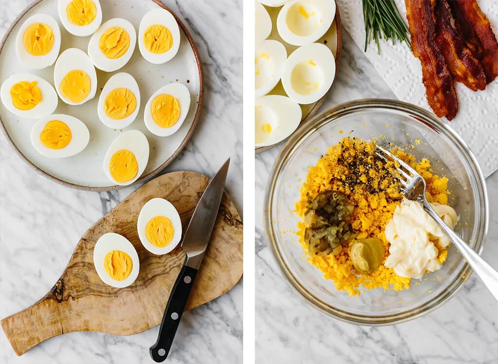 Bacon deviled eggs are the ultimate deviled egg recipe! Slicing hard boiled eggs in half and making the filling for bacon deviled eggs.