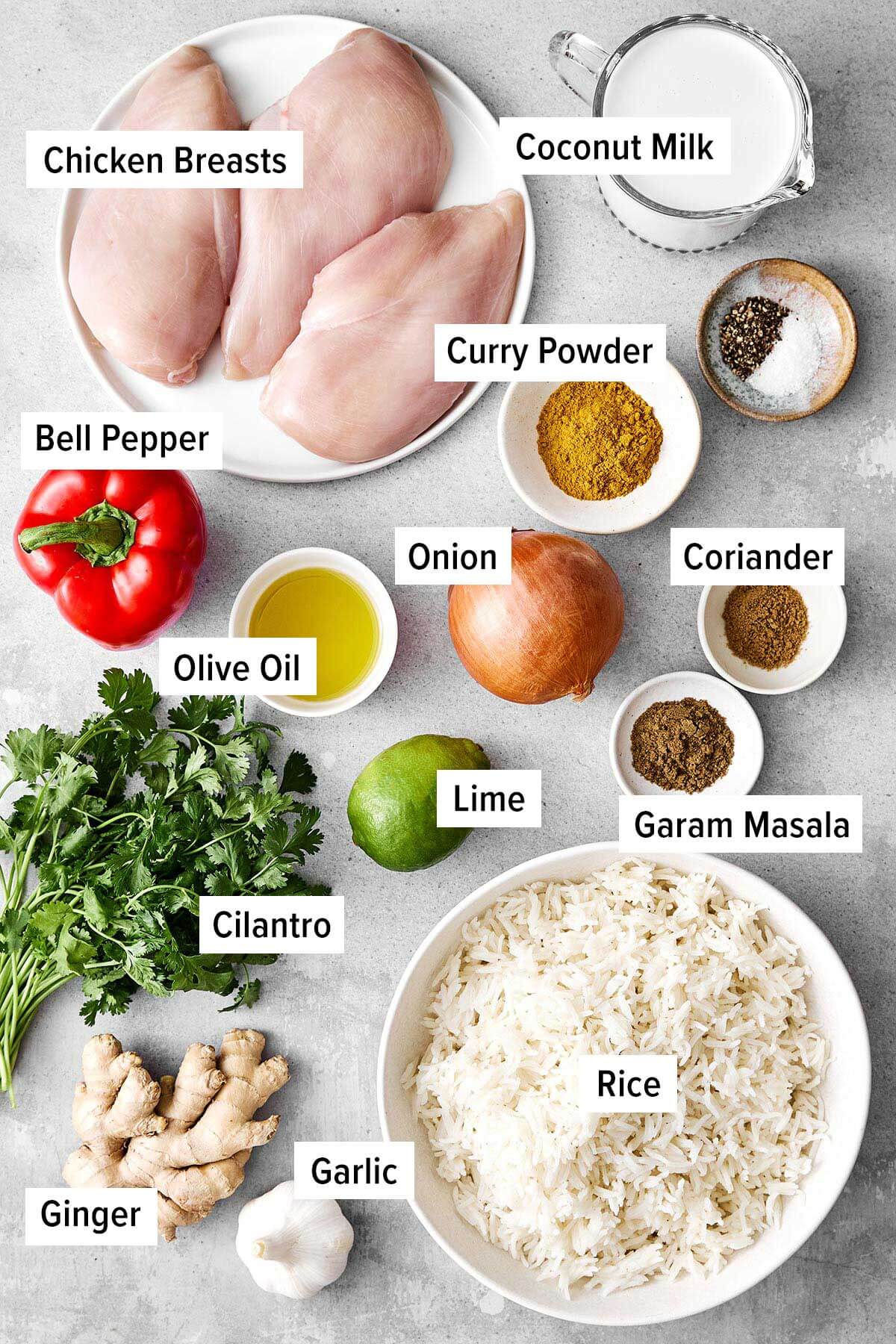 Coconut curry chicken is a cozy one-pan meal that’s packed with comforting flavor. Ingredients for coconut curry chicken.