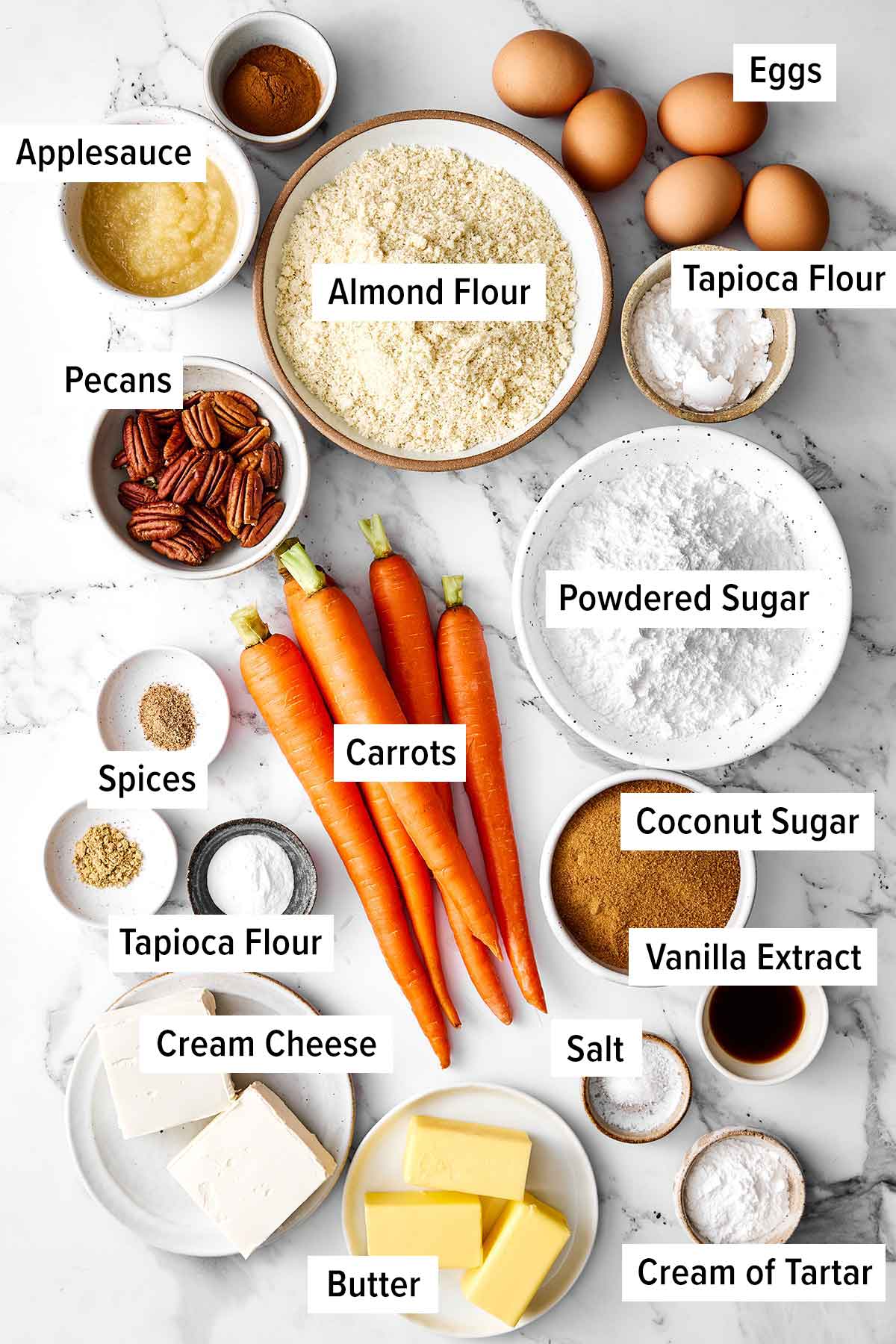 This gluten-free carrot cake has been a reader favorite for years! It’s made with three layers of perfectly spiced carrot cake and just the right amount of cream cheese frosting for a deliciously sweet bite. Gluten-free carrot cake ingredients.