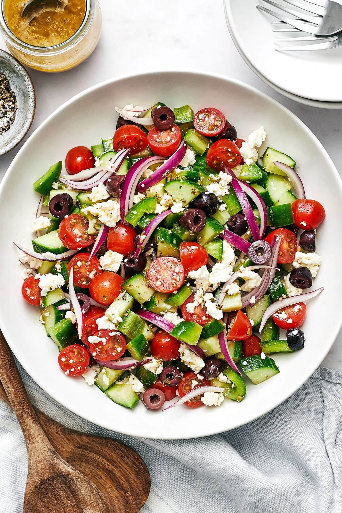 Greek salad is easy to make and bursting with flavor. With only six ingredients, it's one of the best healthy salad recipes! A big bowl of Greek salad