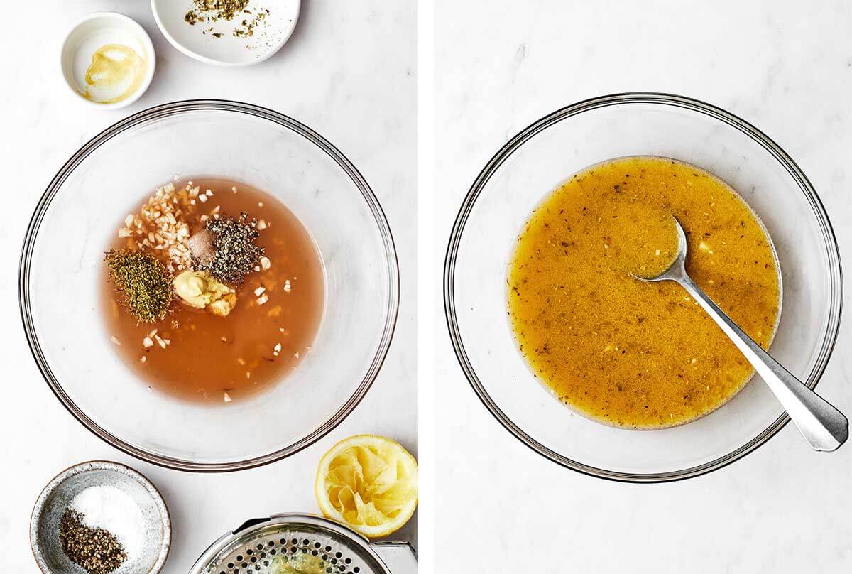 Making Greek salad dressing in a bowl
