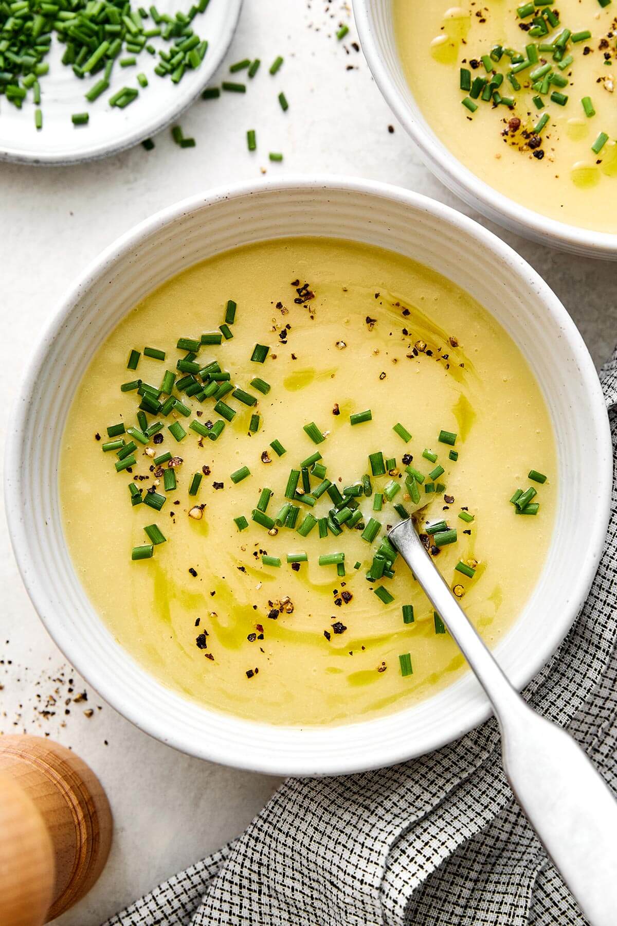 A bowl of potato leek soup.
